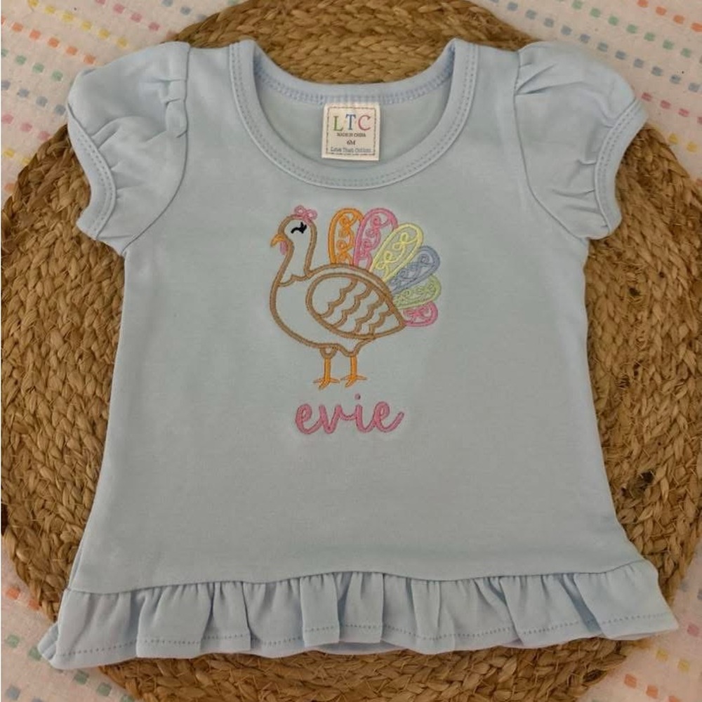Baby Blue Kids Tee with Embroidered Turkey- NOT TBBC